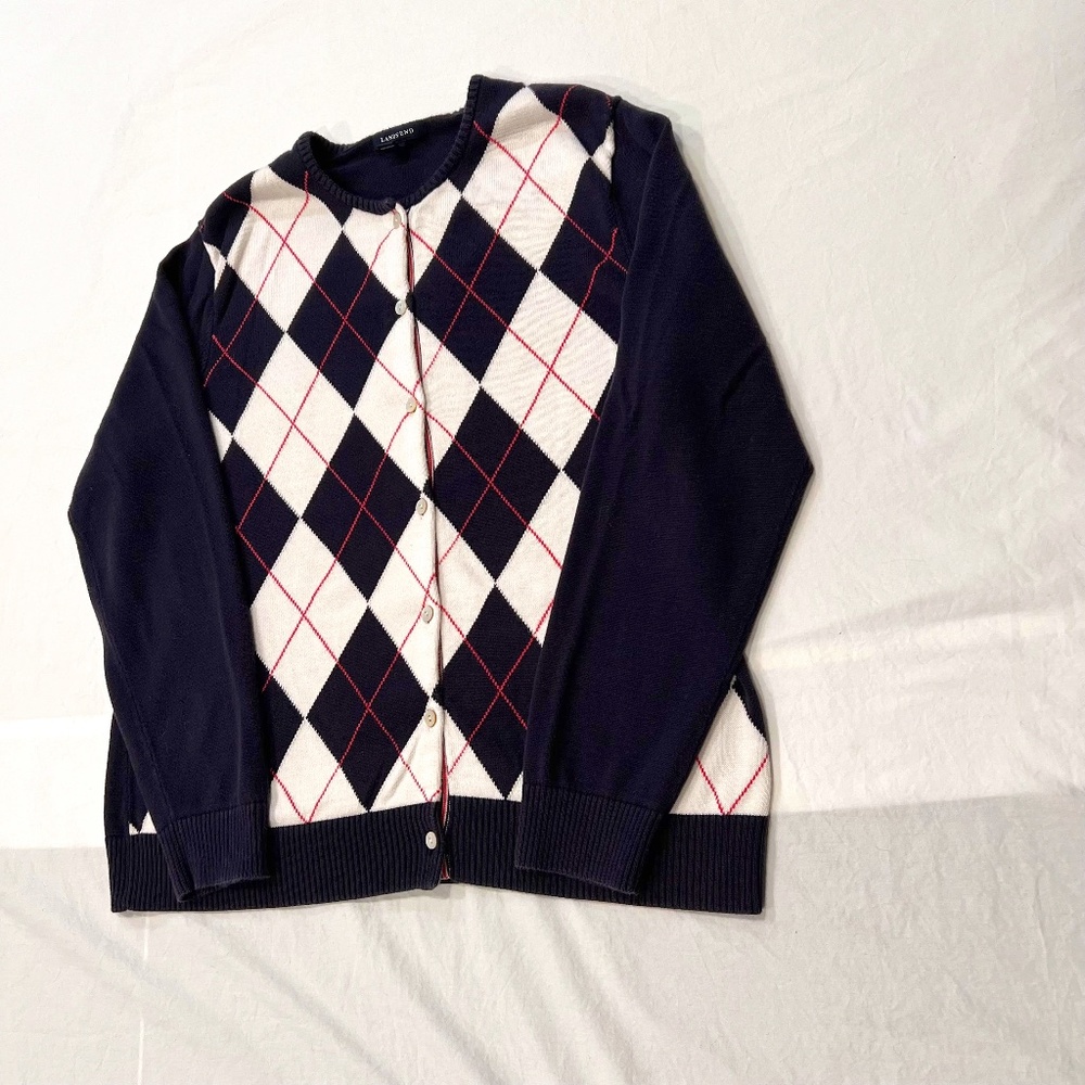 Womens Cardigan Sweater-LANDS' END-navy/white argyle 100% supima cotton L 14-16